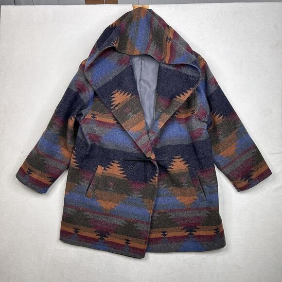 Andrea Marin Coat Womens Large Multicolor Hooded Wool Blend Aztec Boho Southwest - Picture 2 of 15